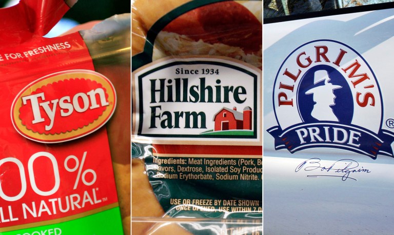 This combo made with file photos shows a package of frozen Tyson Chicken Nuggets, left, a package of Hillshire Farm sausage, center, and the Pilgrim's Pride logo on the side of a company vehicle. The board of Hillshire Brands has decided to hold separate talks with Pilgrim's Pride and Tyson Foods, as the two major meat processors engage in a bidding war for the maker of Jimmy Dean sausages and Ball Park hot dogs. (AP Photo/Paul Sakuma, LM Otero)