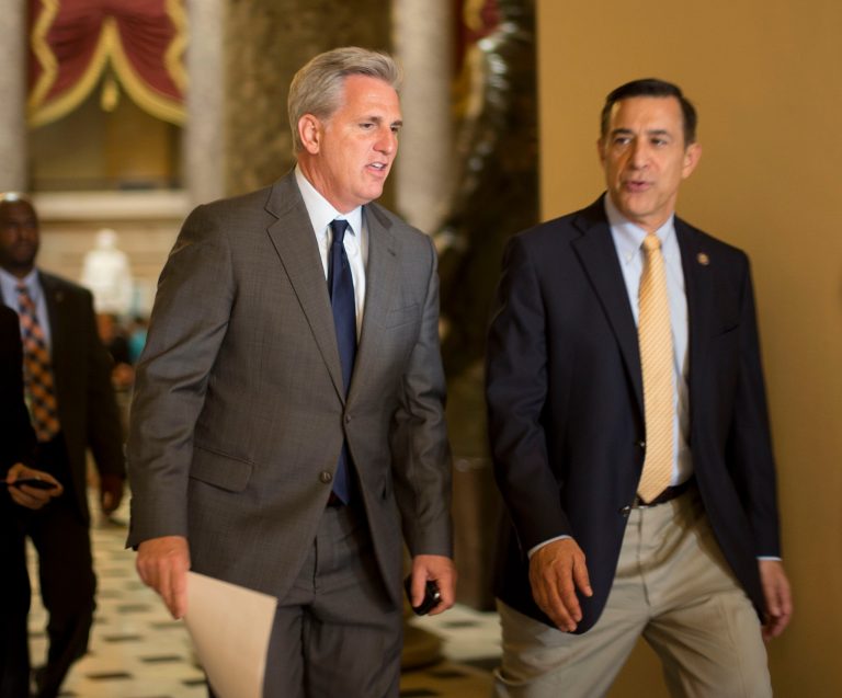 House Majority Leader Kevin McCarthy of Calif., left, walks with Rep. Darrell Issa, R-Calif., toward the House Chamber on Capitol Hill in Washington, Friday, June 12, 2015. AP Photo/Pablo Martinez Monsivais)