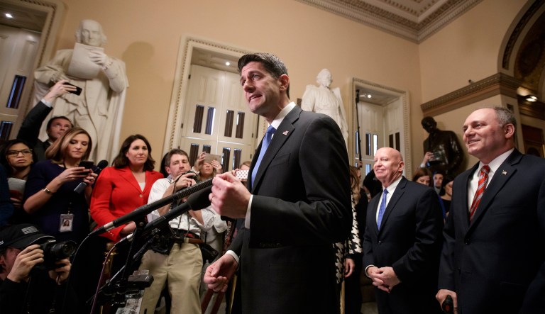 Speaker of the House Paul Ryan, R-Wis., joined at right by, House Ways and Means Committee Chairman Kevin Brady, R-Texas, and House Majority Whip Steve Scalise, R-La., meets reporters just after passing the Republican tax reform bill in the House of Representatives, on Capitol Hill, in Washington, Tuesday, Dec. 19, 2017. The vote, largely along party lines, was 227-203 and capped a GOP sprint to deliver a major legislative accomplishment to President Donald Trump after a year of congressional stumbles. (AP Photo/J. Scott Applewhite)