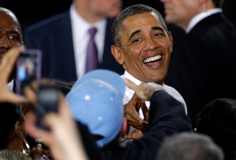 President Barack Obama greets guests after speaking about the economy and jobs and manufacturing, Wednesday, Jan. 15, 2014, at North Carolina State University in Raleigh, N.C. (AP Photo/Gerry Broome)