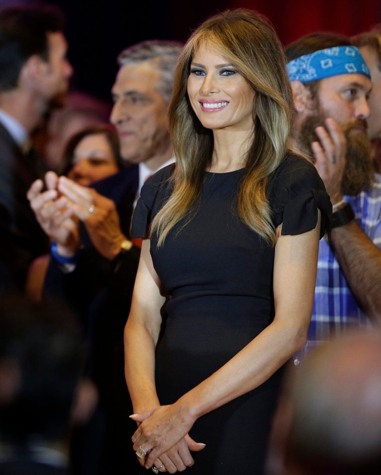 Republican presidential candidate Donald Trump's wife, Melania Trump, reacts as her husband speaks during a primary night news conference, Tuesday, April 26, 2016, in New York. (AP Photo/Julie Jacobson)