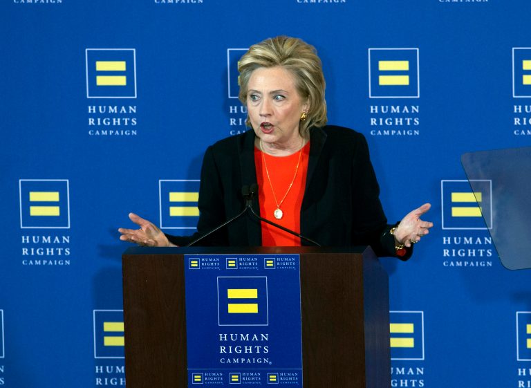 Democratic presidential candidate Hillary Rodham Clinton gestures as she speaks to the Human Rights Campaign in Washington, Saturday, Oct. 3, 2015. ( AP Photo/Jose Luis Magana)