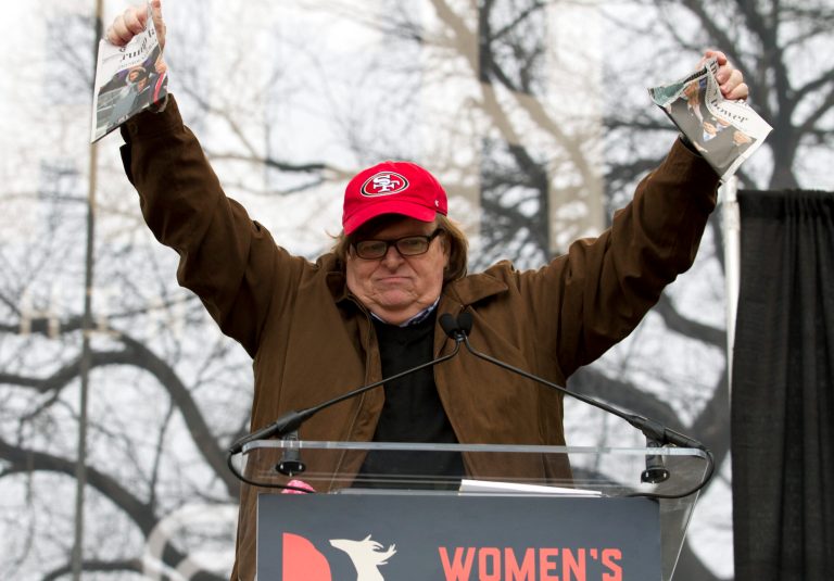 Film director Michael Moore speaks during the Women's March on Washington, Saturday, Jan. 21, 2017 in Washington. (AP Photo/Jose Luis Magana)