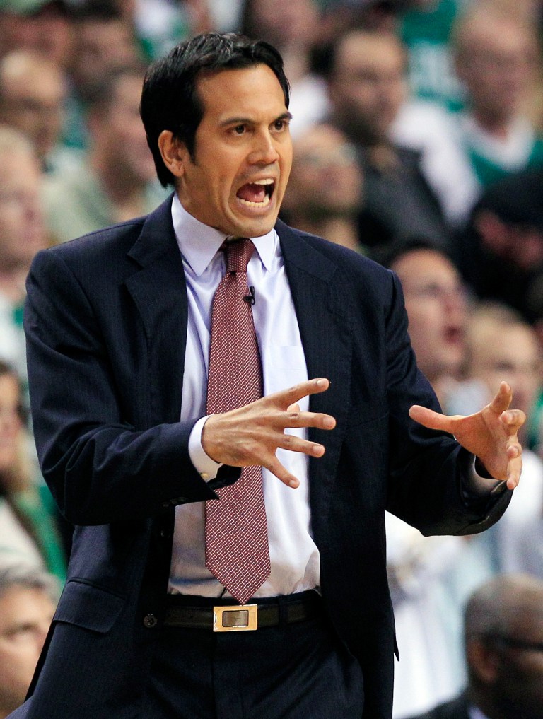  Miami Heat head coach Erik Spoelstra instructs his team during the first quarter of Game 4 against the Boston Celtics in their NBA basketball Eastern Conference finals playoff series in Boston, Sunday, June 3, 2012. (AP Photo/Elise Amendola)  