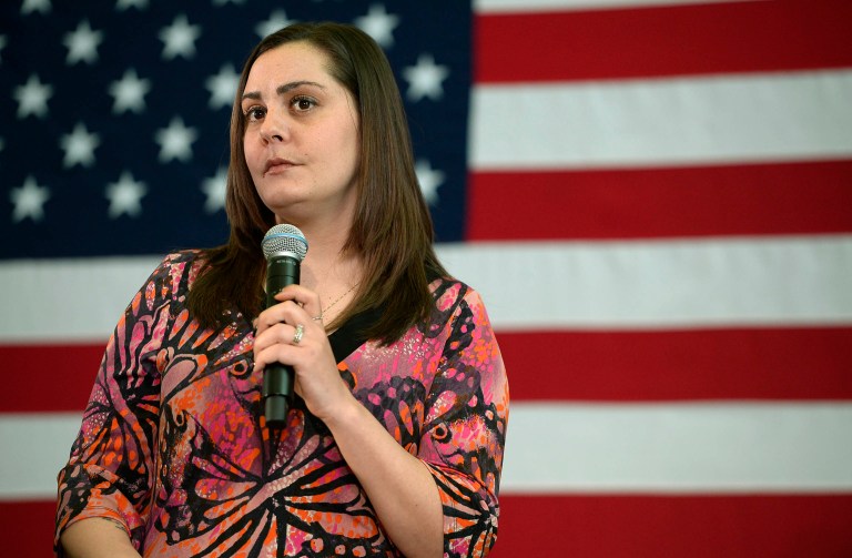 Erica Smegielski, the daughter of the late Sandy Hook Principal Dawn Hochsprung, hit back at Donald Trump Tuesday. (AP Photo/Jessica Hill)