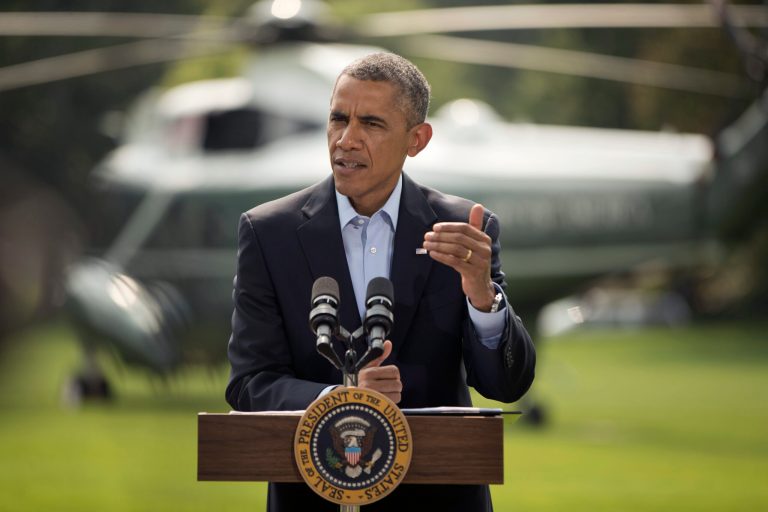 President Barack Obama speaks on the South Lawn of the White House in Washington, Saturday, Aug. 9, 2014, about ongoing situation in Iraq before his departure on Marine One for a vacation in Martha's Vineyard. Obama announced late Thursday that he had ordered military airstrikes in northern Iraq to hold off Islamic State forces advancing on the Kurdish capital of Irbil. Obama also ordered airdrops of food and water to member of a religious minority group who fled into the mountains to escape the militants. (AP Photo/Pablo Martinez Monsivais)