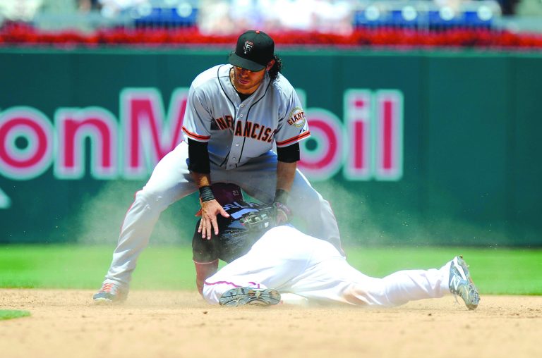 Greg Fiume/Getty Images
Rookie catcher Jhonatan Solano stole his first base Wednesday but is making more of an impact at the plate, where he is hitting .393 with two home runs and six RBIs.