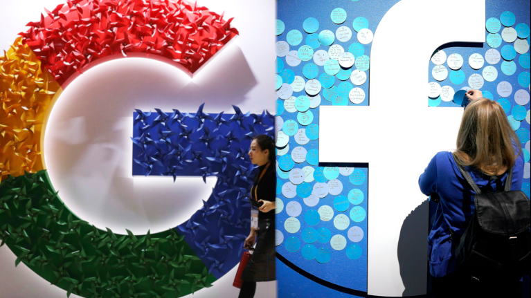The logos for Google (left) and Facebook (right) are seen.