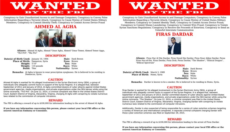 Those indicted include 22-year-old Ahmad Umar Agha and 27-year-old Firas Dardar, who are also on the Federal Bureau of Investigation's 10 Most Wanted List. (FBI via AP)