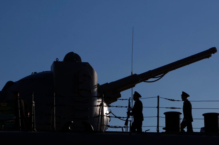 Sailors walk aboardÂ a Russian missile cruiserÂ on Feb. 12, 2014.Â Russia launched 26 sea-based cruise missiles on targets in Syria,Â Russian Defense Minister Sergei Shoigu said Monday.Â (AP Photo/Petros Karadjias)