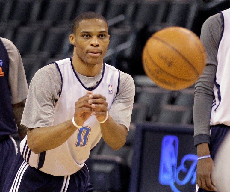   Russell Westbrook catches a pass during practice Wednesday, June 13, 2012, in Oklahoma City. Game 2 of NBA finals basketball between the Miami Heat and the Thunder is Thursday. (AP Photo/Sue Ogrocki)  