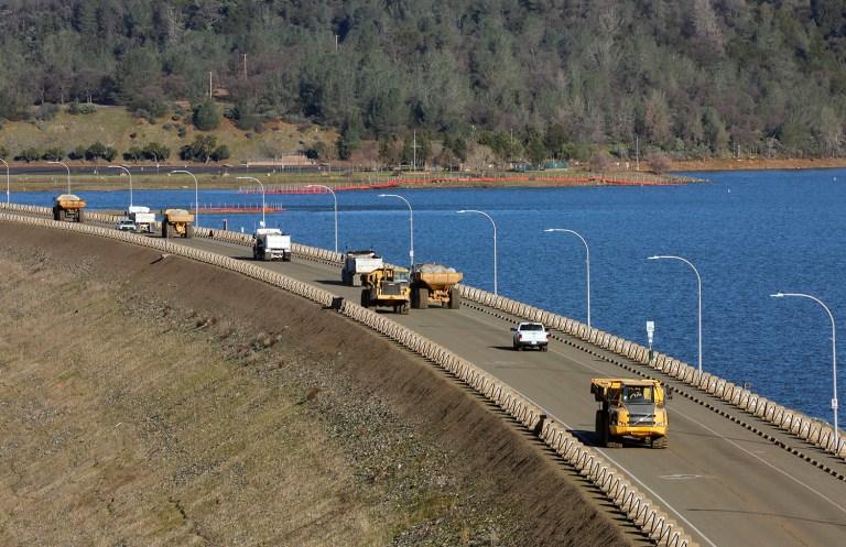Truck after truck line the Oroville Dam roadway as the effort to stabilize the emergency spillway continues Oroville, Calif. (Michael Macor/San Francisco Chronicle via AP)