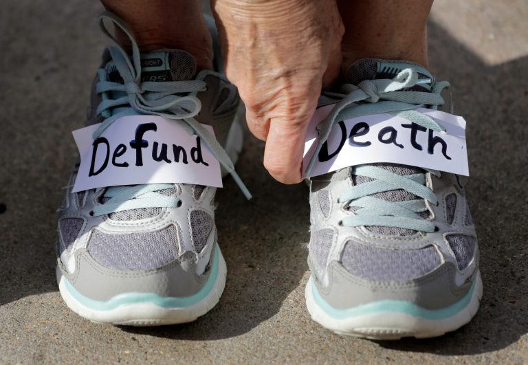 Anti-abortion activists rally on the steps of the Texas Capitol to condemn the use in medical research of tissue samples obtained from aborted fetuses, Tuesday, July 28, 2015, in Austin, Texas. (AP Photo/Eric Gay)