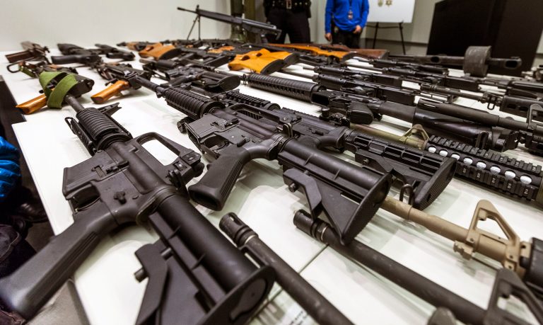   A variety of military-style semiautomatic rifles obtained during a buy back program are displayed at Los Angeles police headquarters on Thursday, Dec. 27,2012. Similar weapons have been used in at least four high-profile shootings in the past year, including most recently the Connecticut school shootings and the Christmas Eve killings of two New York firefighters. (AP Photo/Damian Dovarganes)  