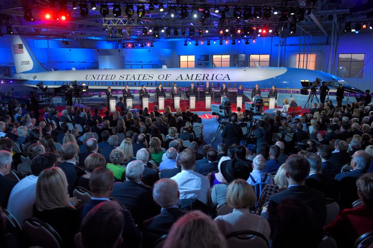 The candidates stand behind their podiums during the CNN Republican presidential debate at the Ronald Reagan Presidential Library and Museum on Wednesday, Sept. 16, 2015, in Simi Valley, Calif. (AP Photo/Mark J. Terrill)
