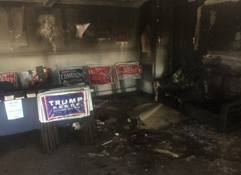 The building was firebombed with a bottle of flammable liquid thrown through a front window. Graffiti on an adjacent building included the words, 