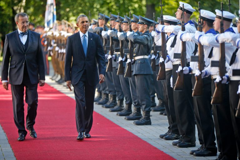U.S. President Barack Obama and with Estonian President Toomas Hendrik Ilves review the honor guard at Kadriorg Palace in Tallinn, Estonia, Wednesday, Sept. 3, 2014. Obama is in Estonia for a one day visit where he will meet with Baltic State leaders before heading to the NATO Summit in Wales. (AP Photo/Charles Dharapak)