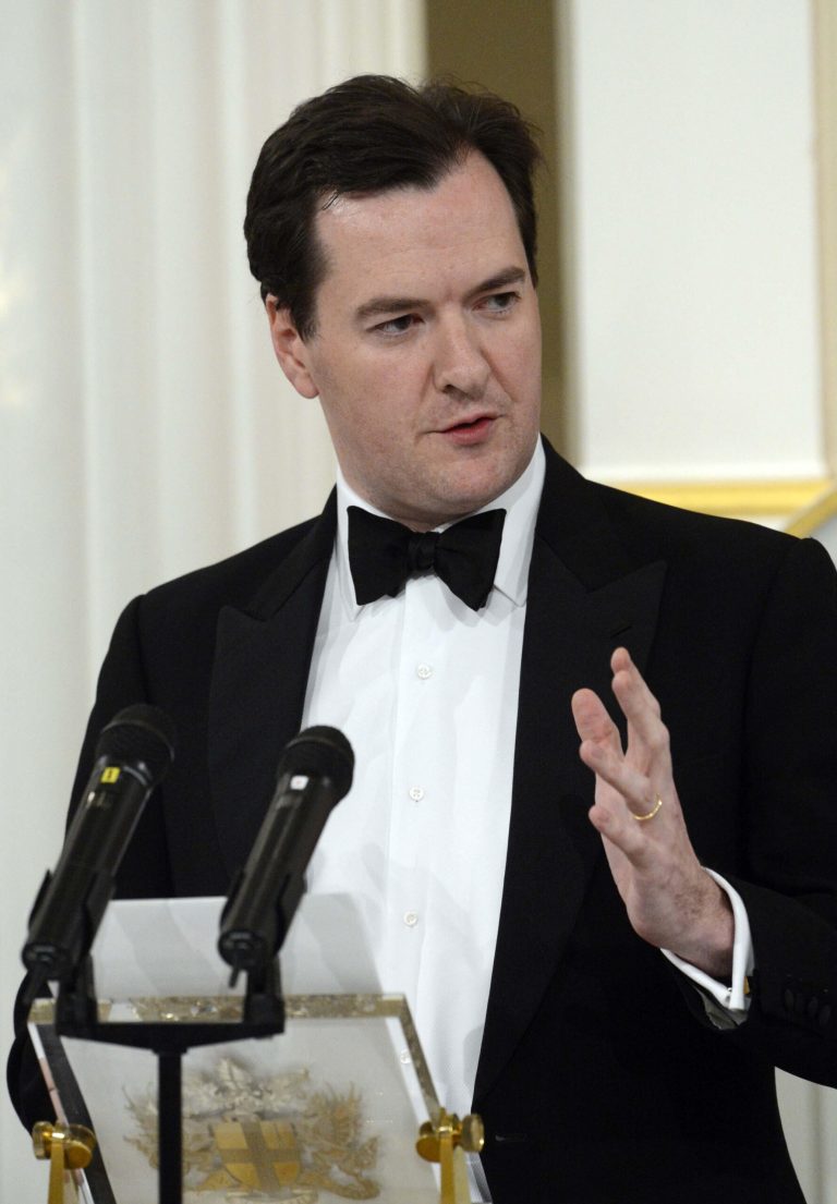   Britain's Chancellor of the Exchequer George Osborne delivers his Mansion House speech during The Lord Mayor of the City of London's annual Dinner to the Bankers and Merchants, Mansion House, London Thursday June 14, 2012. Osborne said the government and Bank of England will launch an emergency bank lending scheme in an attempt to tackle a squeeze on credit. (AP Photo/Rebecca Naden/PA) UNITED KINGDOM OUT   