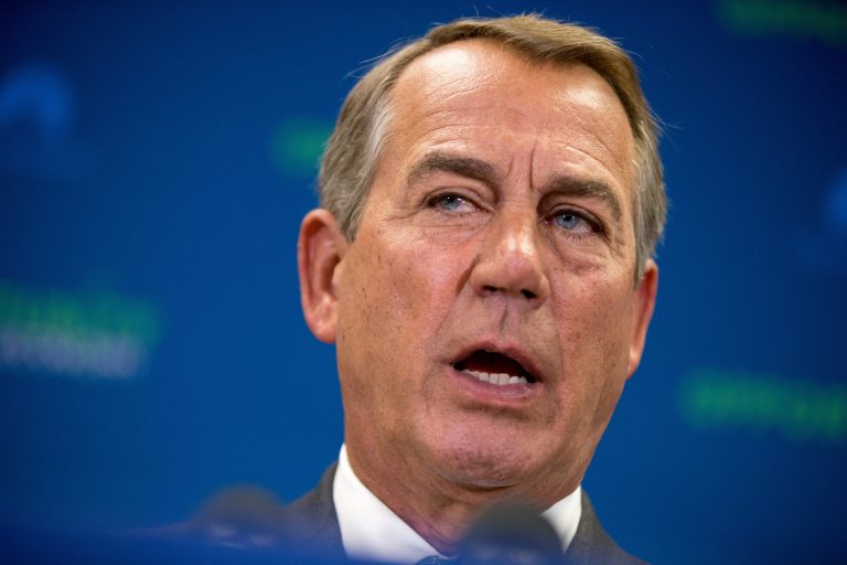 House Speaker John Boehner of Ohio speaks during a news conference on Capitol Hill in Washington, Tuesday, April 14, 2015, following a GOP strategy meeting. (AP Photo/Andrew Harnik)