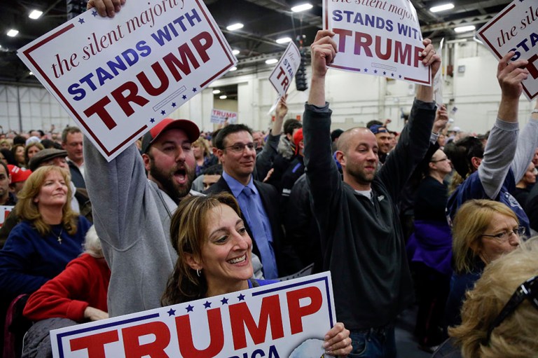 Supporters for Republican presidential candidate Donald Trump react as Trump speaks during a campaign rally, Wednesday, April 6, 2016, in Bethpage, N.Y. (AP Photo/Julie Jacobson)