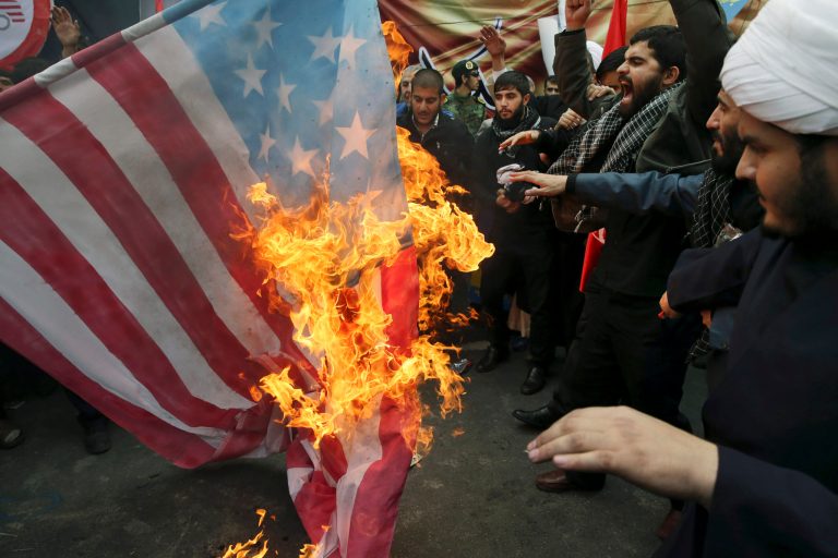 Iranian demonstrators burn a representation of the U.S. flag, marking 36th anniversary of the seizure of the embassy by militant Iranian students.Â 