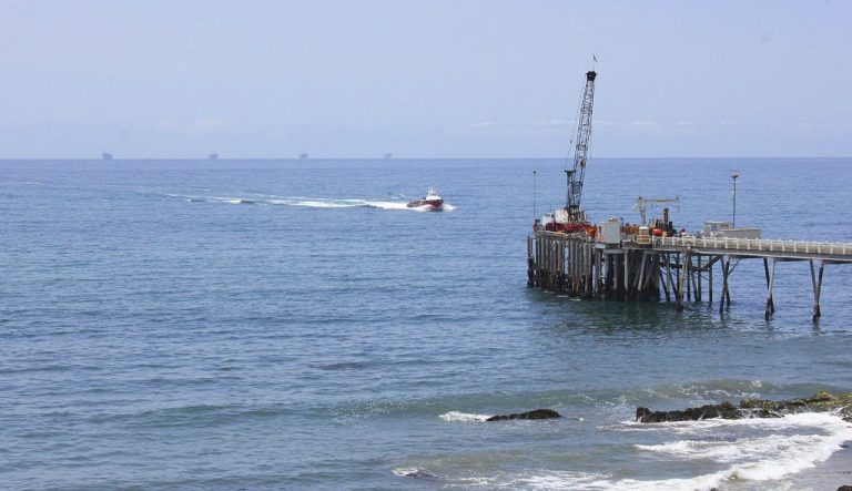 Oil drillings offshore of a service pier in the Santa Barbara Channel off the coast of Southern California near Carpinteria in 2015.
