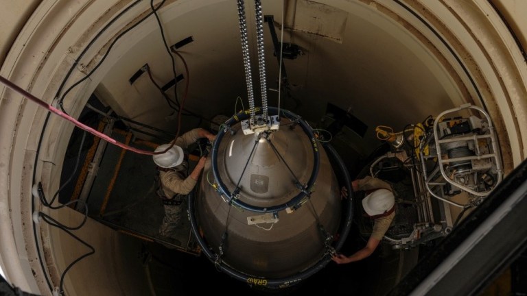 Airmen from the 90th Missile Maintenance Squadron prepare a reentry system for removal from a launch facility, Feb. 2, 2018, in the F. E. Warren Air Force Base missile complex.