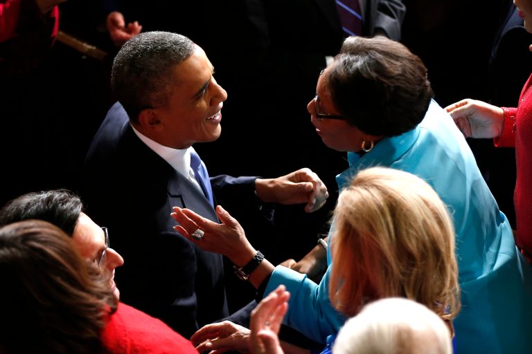 President Barack Obama is greeted as he arrives for his State of the Union address on Capitol Hill in Washington, Tuesday Jan. 28, 2014. (AP Photo/Charles Dharapak)