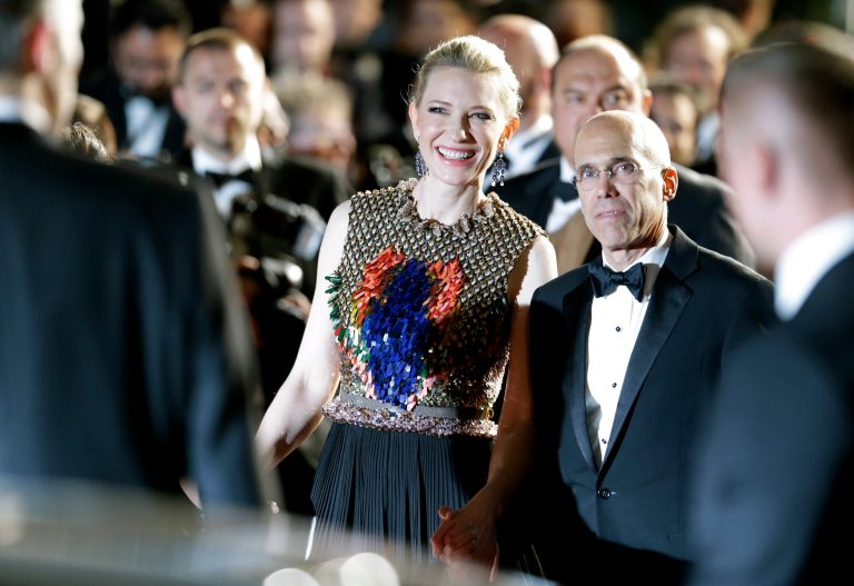 Head of Dreamworks Jeffrey Katzenberg, right, and actress Cate Blanchett leave after the screening of How To Train Your Dragon 2 at the 67th international film festival, Cannes, southern France, Friday, May 16, 2014. (AP Photo/Thibault Camus)