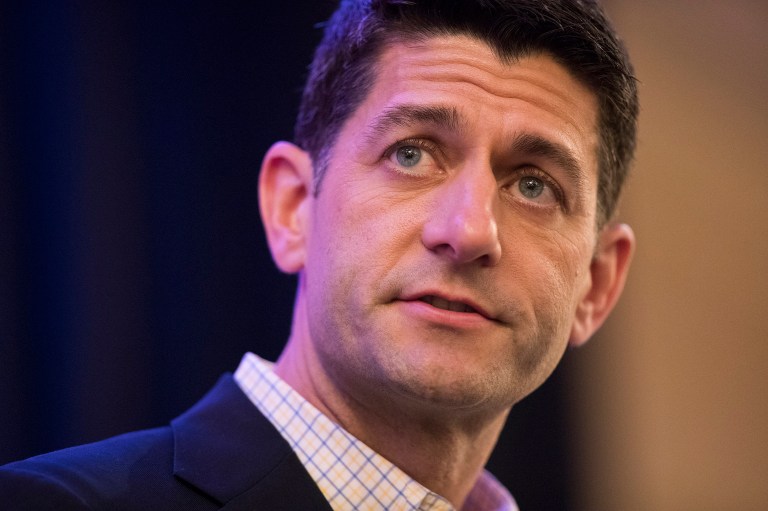 House Speaker Paul Ryan did not make one mention of presumptive GOP nominee Donald Trump in his brief presentation Tuesday to the Republican International Club, which promotes global democracy. (AP Photo/Evan Vucci)