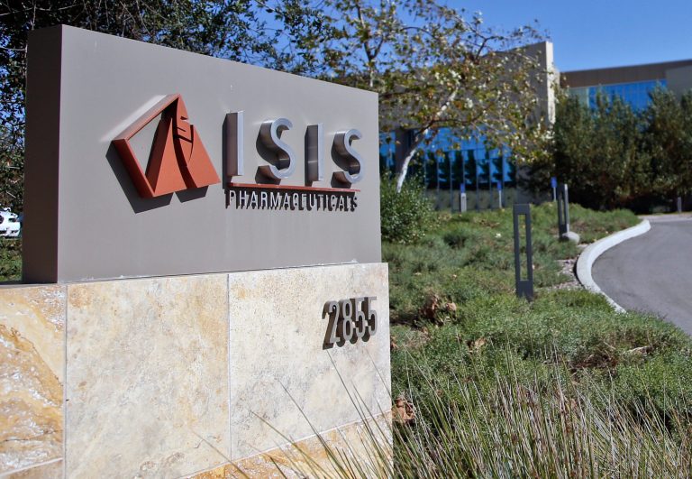 This Monday, Sept. 29, 2014 photo shows signage outside the headquarters building of Isis Pharmaceuticals Inc. in Carlsbad, Calif.  The pharmaceutical company, which shares its name with ISIS, a notorious Islamic militant group that the United States is fighting in Iraq and Syria, has no plans to change a brand it has built over 25 years. (AP Photo/Lenny Ignelzi)