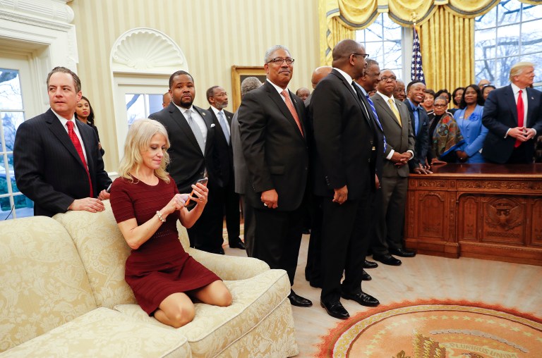 Rep. Cedric Richmond, D-La., issued an apology late Sunday for a joke he told last week about a photo showing White House adviser Kellyanne Conway kneeling on a sofa in the Oval Office as President Trump met with leaders of Historically Black Colleges and Universities. (AP Photo/Pablo Martinez Monsivais)