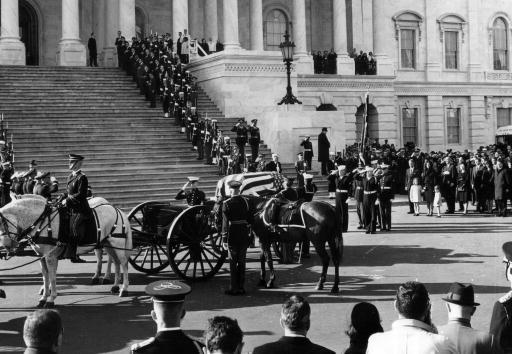 381091 63: The casket containing the body of John F. Kennedy arrives for a ceremony at the U.S. Capitol Building November 24, 1963. (Photo by National Archive/Newsmakers)