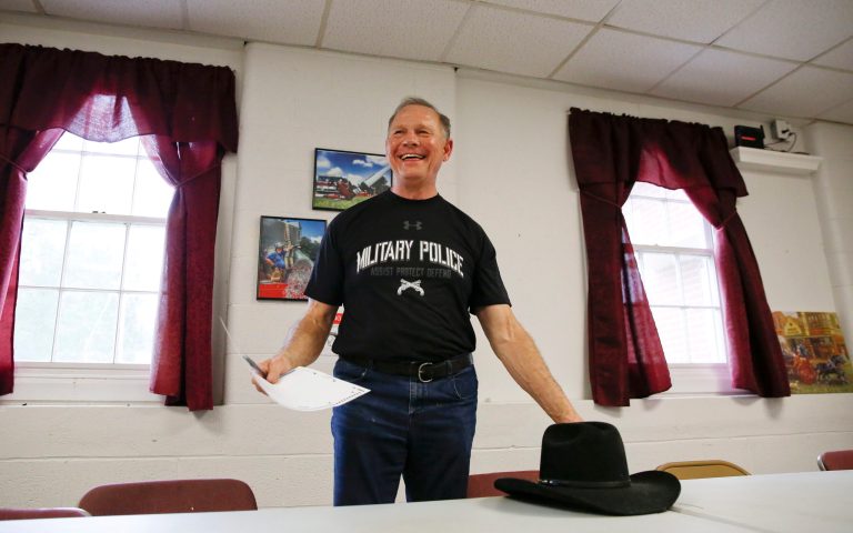Former Alabama Chief Justice and U.S. Senate candidate Roy Moore smiles after he votes at the Gallant Volunteer Fire Department last week in Gallant, Ala. He won and is leading in for the September runoff. (AP Photo/Brynn Anderson)