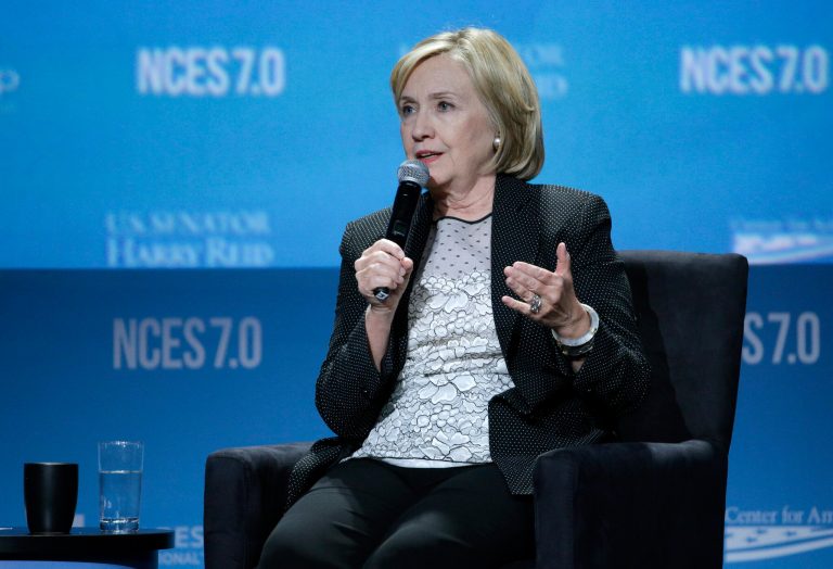 Former Secretary of State Hillary Rodham Clinton speaks at the National Clean Energy Summit Thursday, Sept. 4, 2014, in Las Vegas. (AP Photo/John Locher)