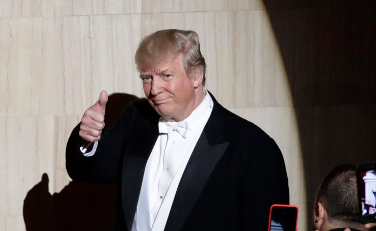 Speaking at his first Gridiron dinner event, Trump joked about his son-in-law Jared Kushner's struggles with his security clearance in the White House. (AP Photo/Frank Franklin II)
