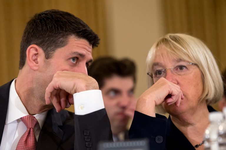 House Budget Committee Chairman Rep. Paul Ryan, R-Wis., left, speaks with Senate Budget Committee Chair Sen. Patty Murray, D-Wash., on Capitol Hill in Washington, Wednesday Nov. 13, 2013, at the start of a Congressional Budget Conference. House and Senate budget negotiators say they're not close to an agreement but plan to keep at it. 