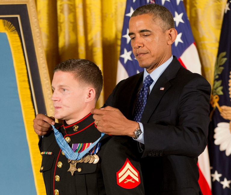 President Barack Obama awards the Medal of Honor to retired Marine Cpl. William 