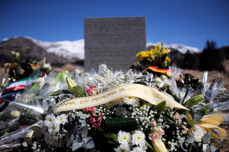 A stele and flowers laid in memory of the victims are placed in the area where the Germanwings jetliner crashed in the French Alps. (AP Photo)Â 