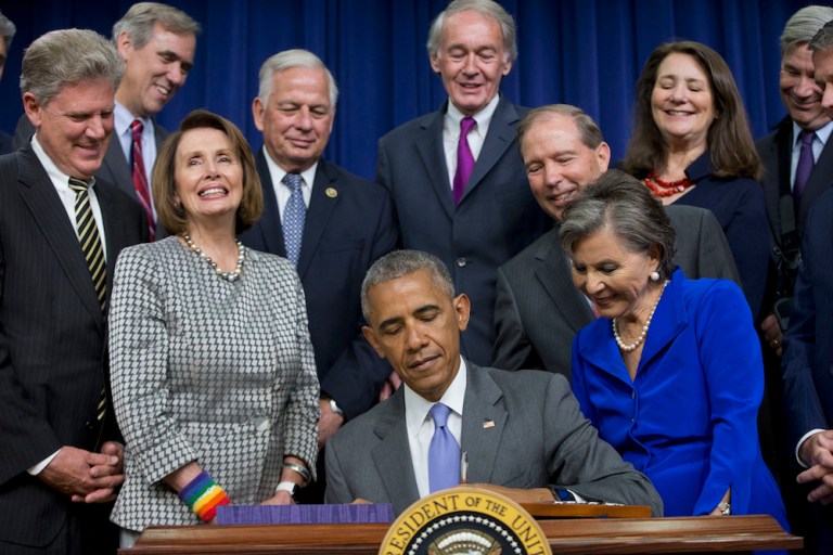 President lauds lawmakers for working together on major overhaul of testing program. (AP Photo/Pablo Martinez Monsivais)