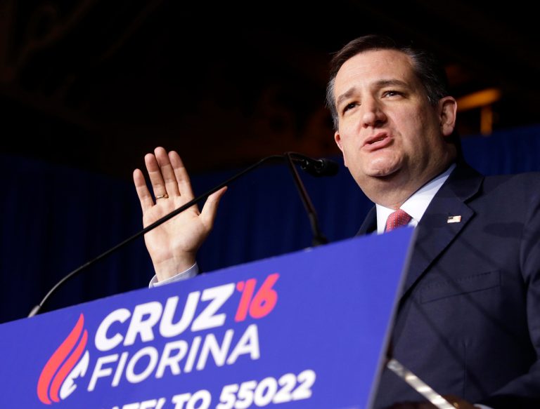 Republican presidential candidate, Sen. Ted Cruz, R-Texas, speaks during a primary night campaign event, Tuesday, May 3, 2016, in Indianapolis. (AP Photo/Darron Cummings)