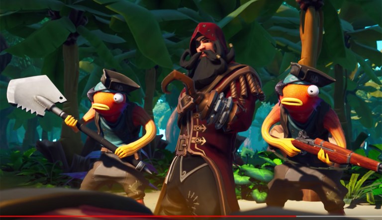 Characters in the video game "Fortnite" fight over a treasure chest.