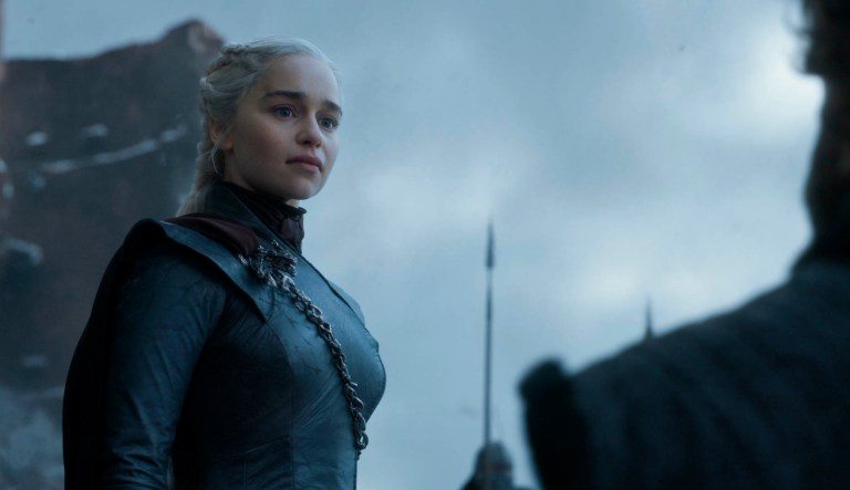 This image released by HBO shows Emilia Clarke in a scene from the final episode of "Game of Thrones," that aired Sunday, May 19, 2019.