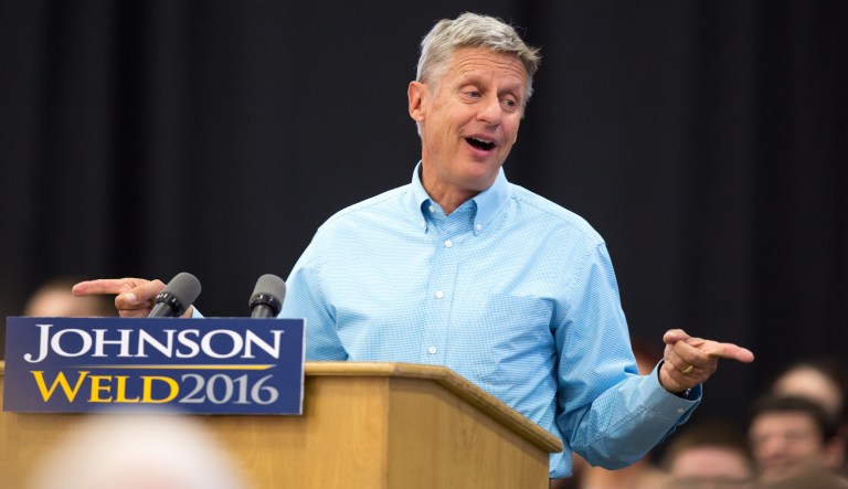 Libertarian presidential candidate Gary Johnson speaks during a campaign rally, Saturday, Sept. 3, 2016, at Grand View University in Des Moines, Iowa. 