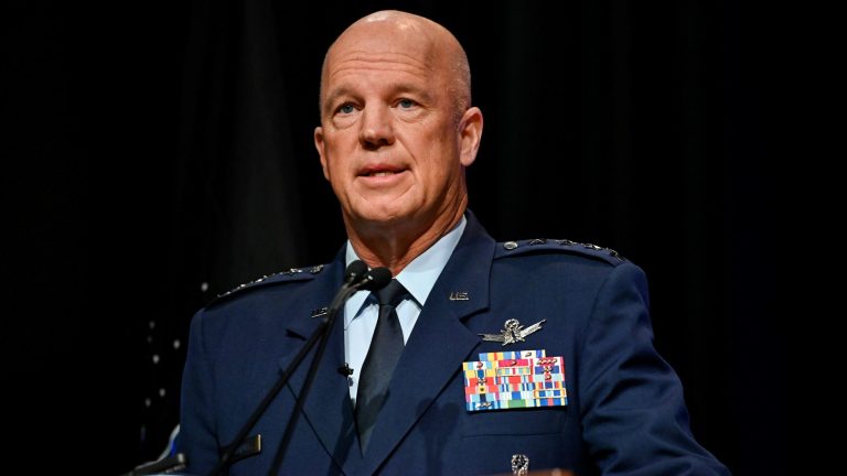 Chief of Space Operations Gen. John W. Raymond delivers remarks during a ceremony at the Pentagon transferring airmen into the U.S. Space Force, Arlington, Va., Sept. 15, 2020. 