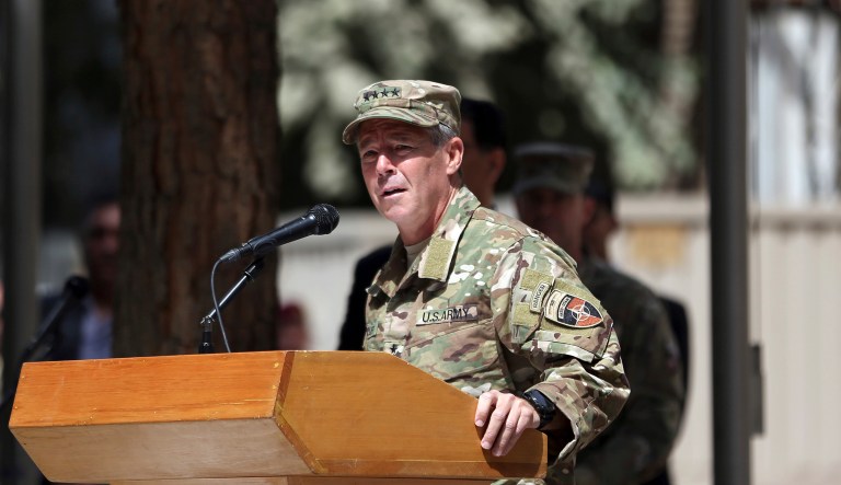 U.S. Army Gen. Austin Miller speaks during the change of command ceremony at Resolute Support headquarters in Kabul, Afghanistan, Sunday, Sept. 2, 2018. Miller assumed command of the 41-nation NATO mission in Afghanistan following a handover ceremony.