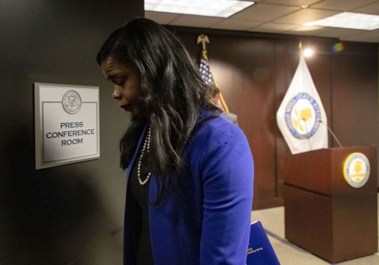 Cook County State's Attorney Kim Foxx departs a press conference.
