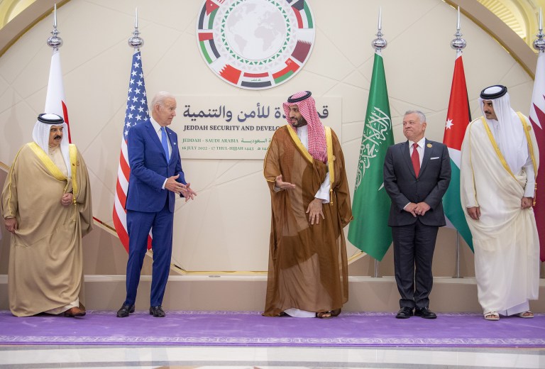 Emir of Qatar Sheikh Tamim bin Hamad Al Thani (R), King Abdullah II of Jordan (2nd R), Saudi Arabian Crown Prince Mohammed bin Salman (3rd R), US President Joe Biden and King of Bahrain Hamad bin Isa Al Khalifa (L), attend Jeddah Security and Development Summit in Jeddah, Saudi Arabia on July 16.