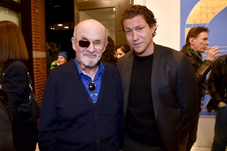 Salman Rushdie and Vito Schnabel attend Francesco Clemente, Angelus Novus Opening on March 2, 2023, at Vito Schnabel Gallery in New York.