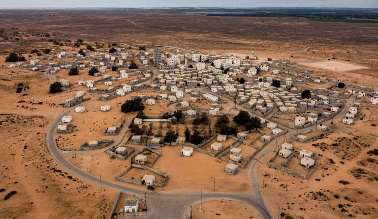 This picture taken on Jan. 16, 2023, shows an aerial view of an Israeli army urban warfare training facility simulating Gaza City, at the Tze'elim training centre in the southern Negev desert.